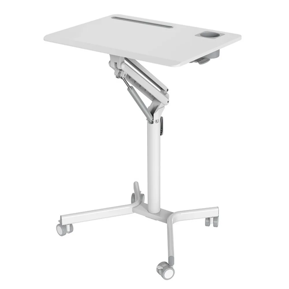 Mesa móvel de altura ajustável com mola a gás, alcance de 75-105 cm, mesa de 700x520 mm, slots para copos/canetas, para uso em escritório e conferências