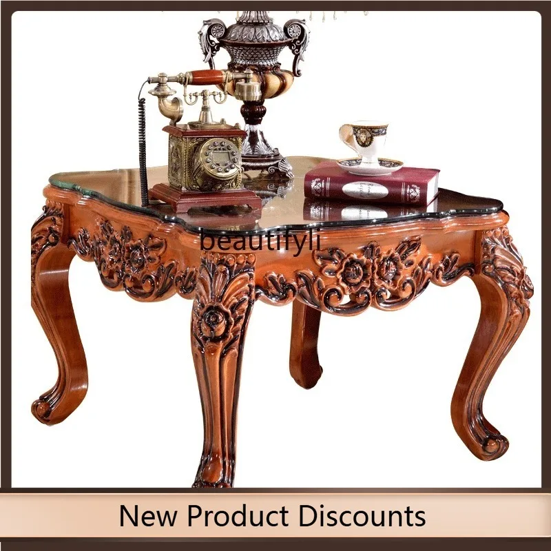 

A44 Luxurious European Style Solid Wood Coffee Table Solid Oak Carved Luxury Corner Table Living Room Set
