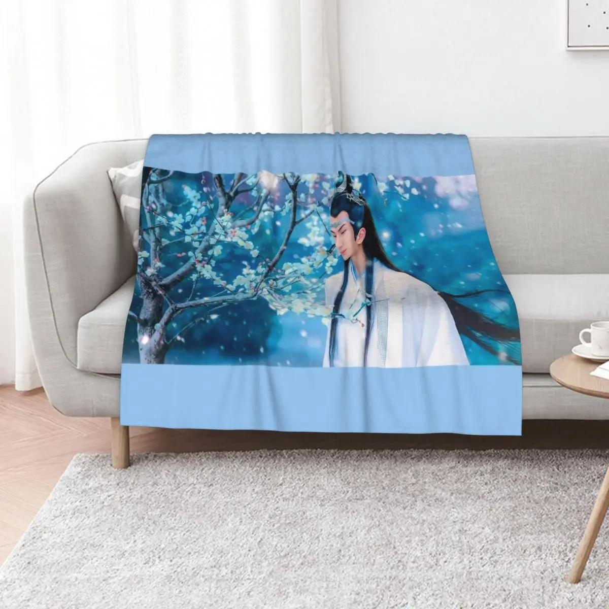 Lan Wangji blue sakura art Throw Blanket cosplay anime Hairys wednesday Polar Soft Beds Cute Blankets