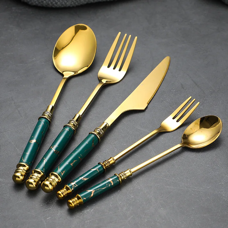 

30pcs Stainless Steel Cutlery Ceramic Gold Dinnerware Set Home Fork Spoon Knife Dinner Set Green Gold flatware Kitchen Utensils