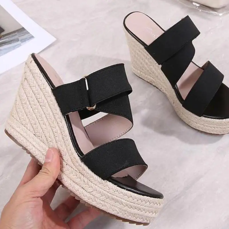 

Размер 31–43, женские босоножки на танкетке, летние универсальные туфли на платформе, туфли на высоком каблуке 9 см, соломенные тапочки на платформе с открытым носком для женщин
