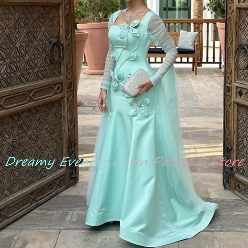 Customized Temperament Satin A-Line 3D Flowers Evening Dress High Quality Floor Length Long Sleeves платье вечернее Custom Size