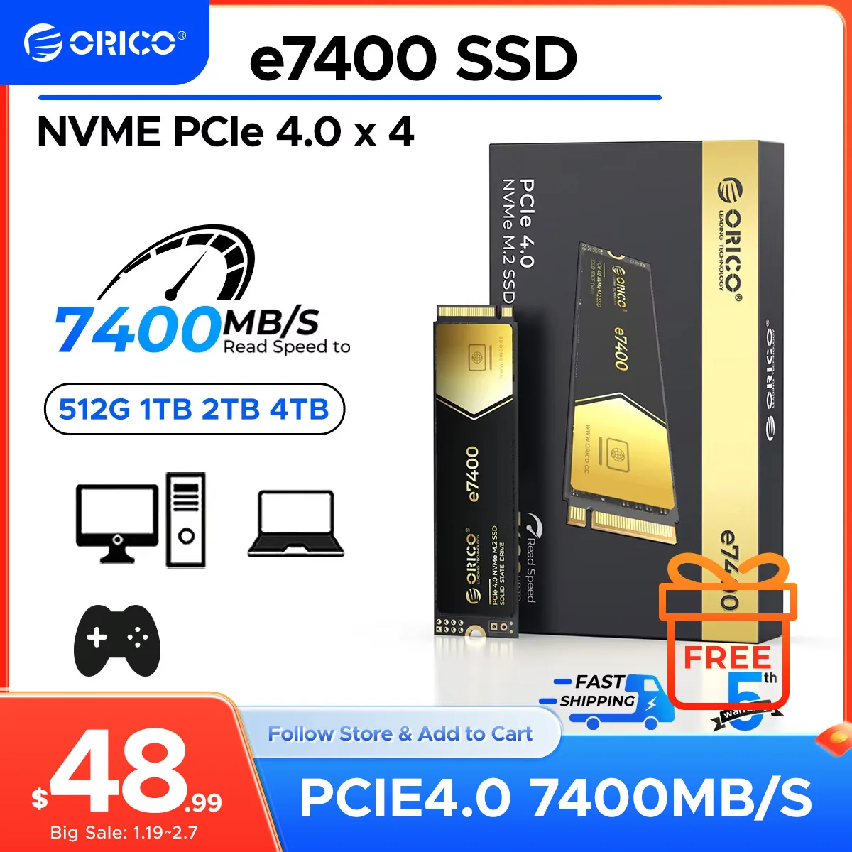 ORICO Gaming PCIe4.0 M.2 NVMe SSD PS5 7400MB/S Internal Solid State Drive Gen4 for High End Computing Gamer Heavy Duty Works