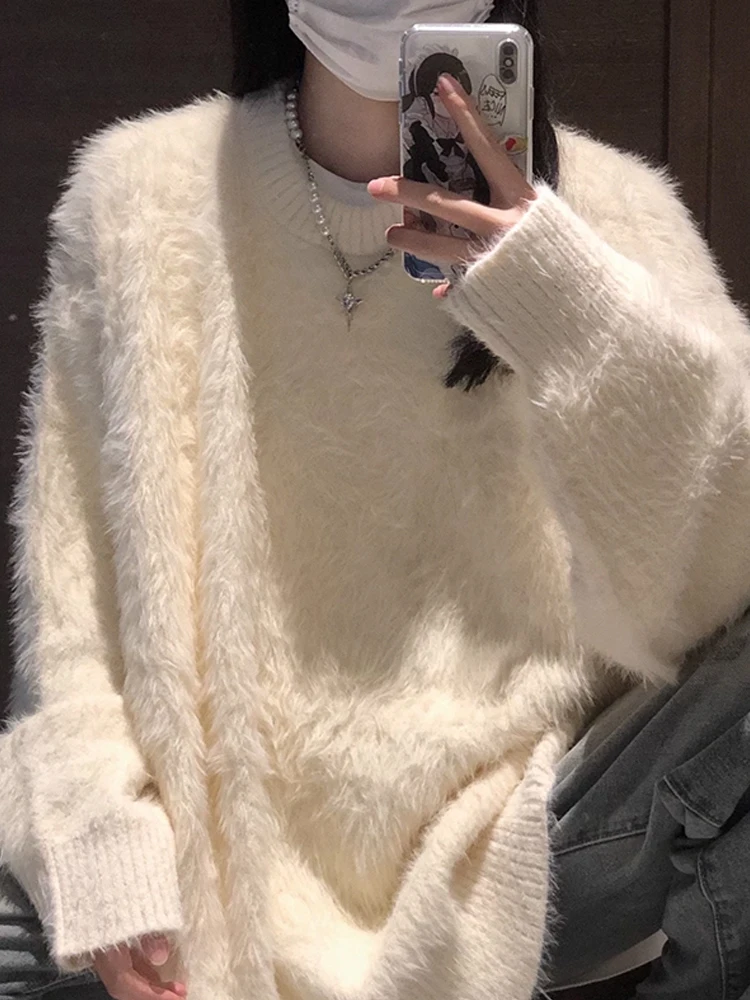 

Soft Thiened Winter Knitted Sweater for Men White Sea Hair Casual Sle Comfortable Long Sve round Ne Top