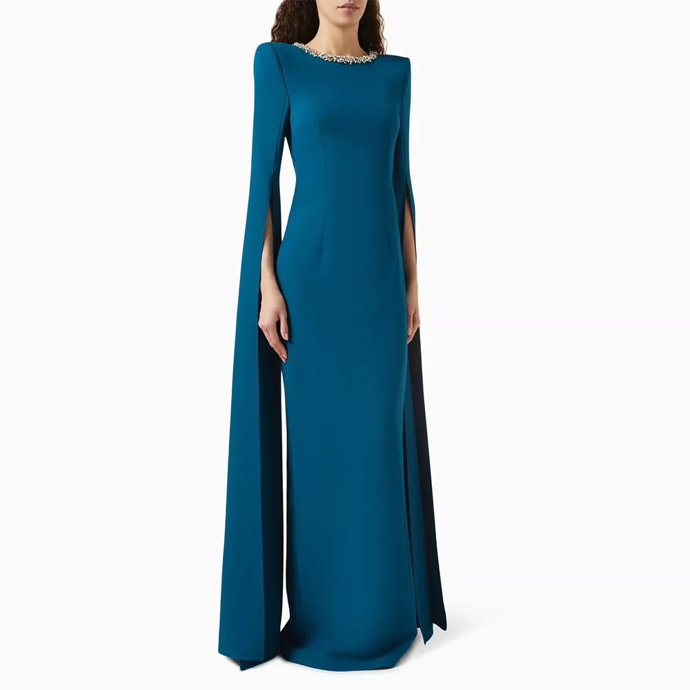 

Luxury Evening Dresses O-Neck Long Sleeves Bead Crystal Straight Evening Gowns Floor Length Prom Dresses Dress Customized