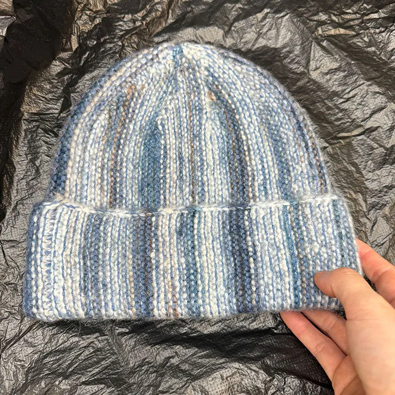 Japanische gestreifte, farbblockierte, verdickte Strickmütze für Männer und Frauen im Winter, Outdoor-Ohrenschutz, warme Skull-Beanie-Mützen. – Detail 6
