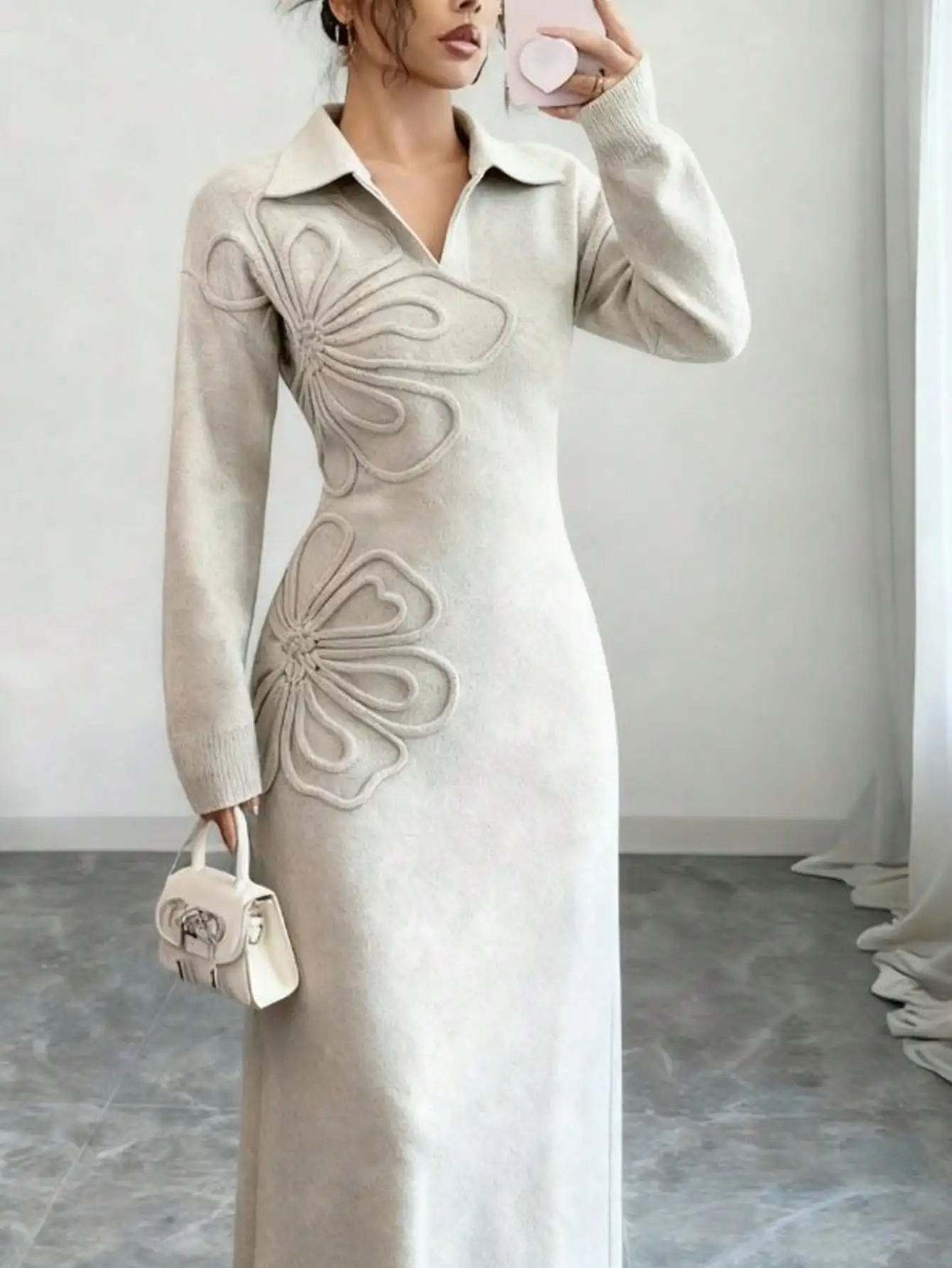 

Women's Floral Embroidered Knitted Sweater Dress with Collar