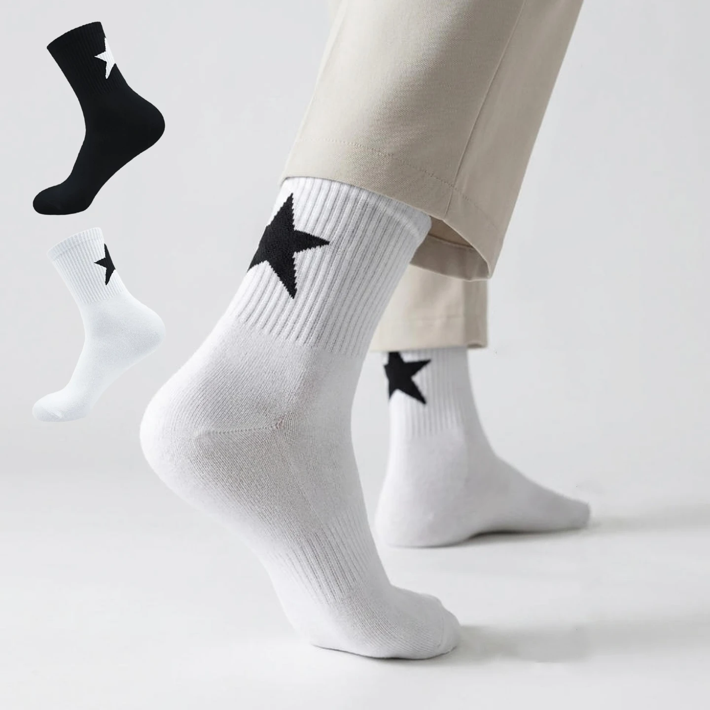 

3 pairs of black star patterned white round neck socks, soft sports socks, and men's non slip casual socks