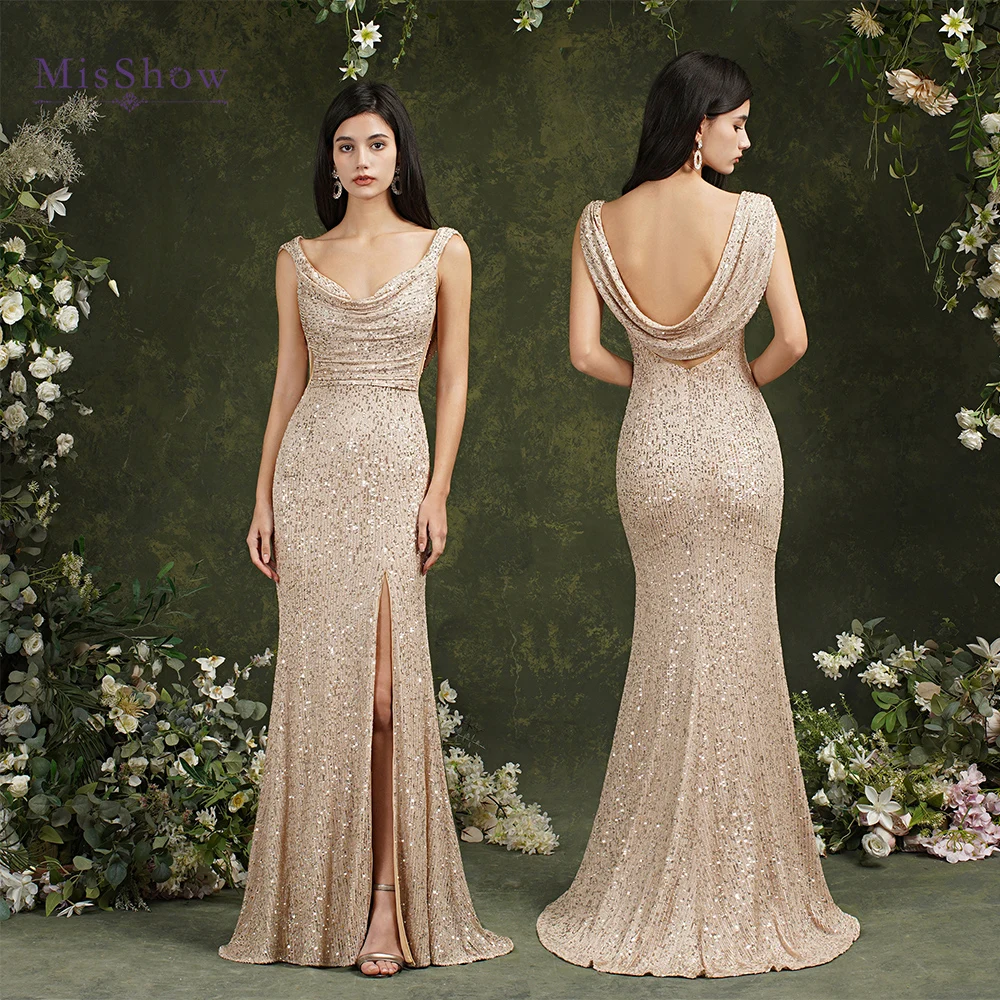 MisShow Champagne Sequins Mermaid Bridesmaid Dresses 2022 Elegant Slit Long Formal Evening Prom Gowns For Wedding Party BM3112