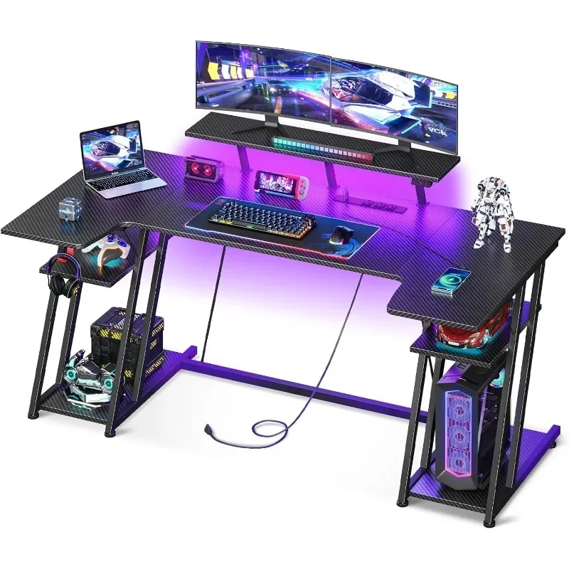 LED Light, 60-inch U-shaped Desk with Power Outlet, Storage Rack, Monitor Stand and Headphone Hook, Black