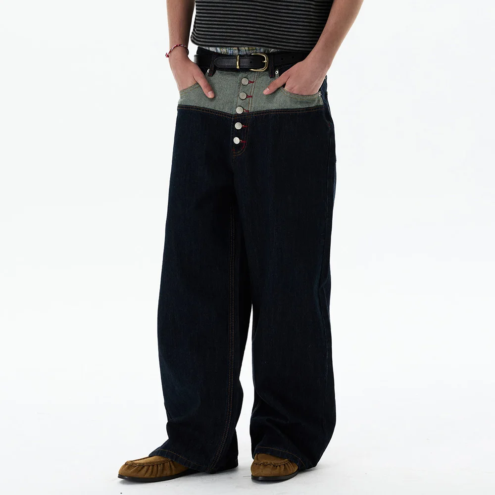 Jeans Americanos Retro com Detalhes em Patchwork para Homens e Mulheres, Moda Streetwear Hip Hop, Jeans Largos e Casuais