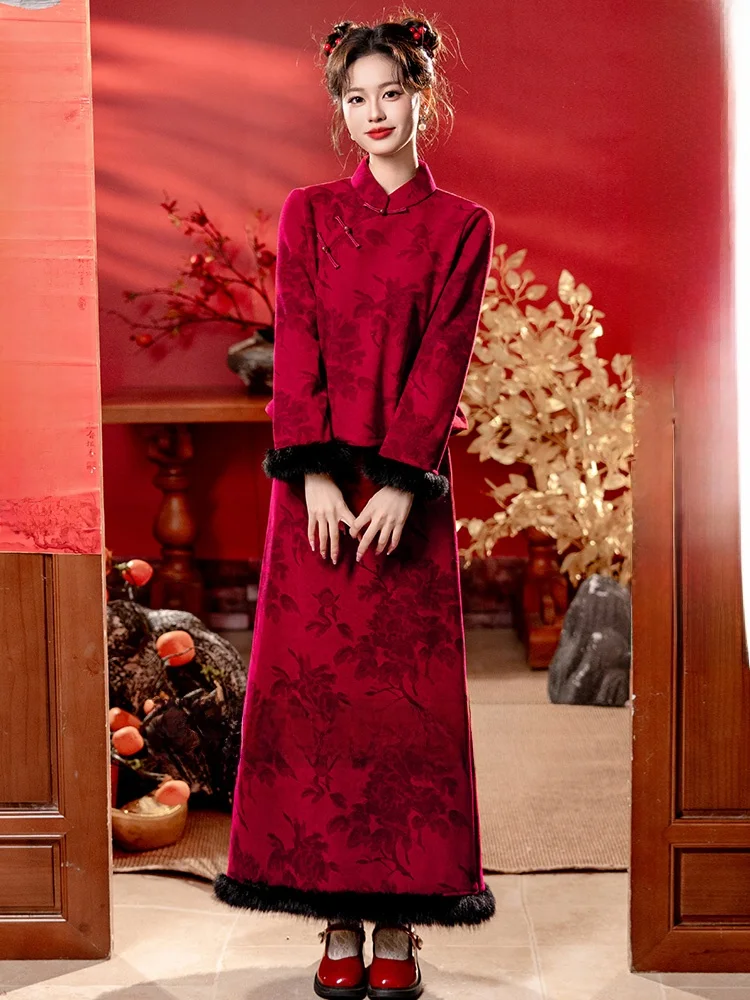

Red Long Sve Stand Collar Qipao Fce Lined Winter Warm Wind Women's New Sle 2025 Wedding Dr Traditional Chinese Fas...