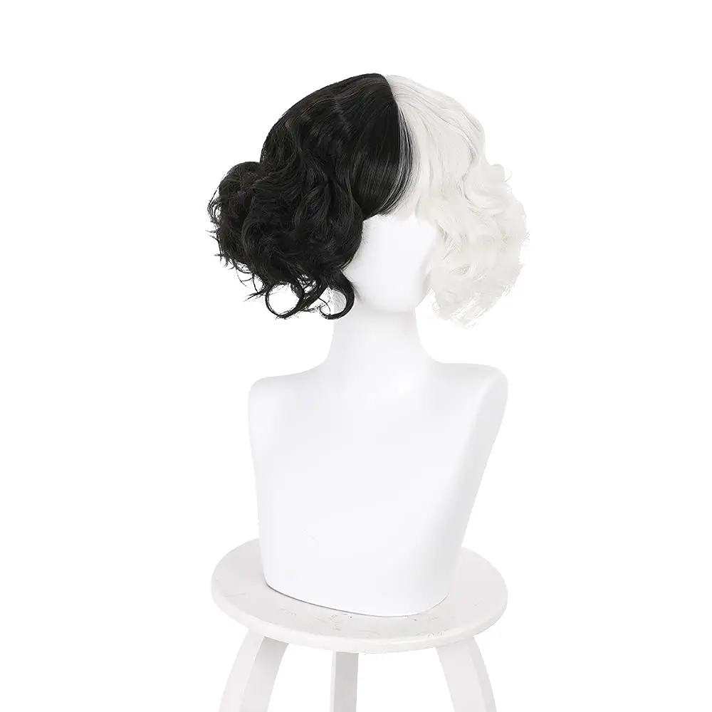 Cruella deVil Cosplay Perruque de Costume, Cheveux Synthétiques Noir et Blanc, Degré de Chaleur, Plis, Jeu, Halloween, ixde Noël