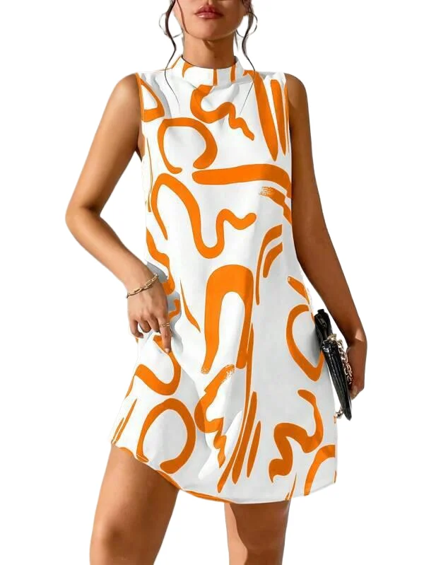 

Elegant Sleeveless Print Dress For Women New Loose Casual Half Turtle Neck Short Skirt 2024 Fashion Office Lady Commuting Dress