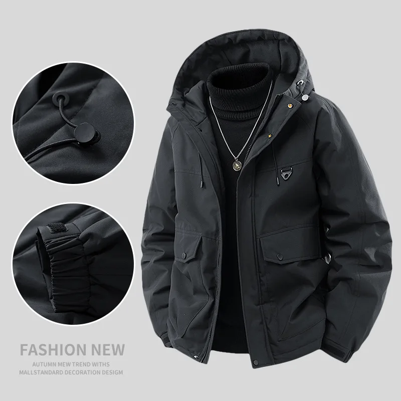 Jesienno-zimowa, ocieplana kurtka z kapturem dla puszystych mężczyzn, dwuwarstwowa, luźna, bardzo duża kurtka męska.