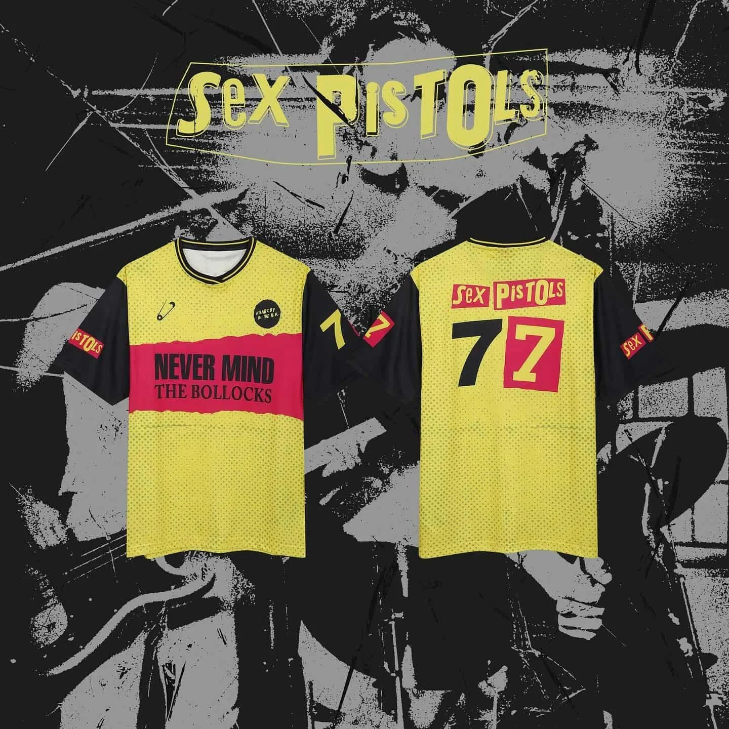 Sex Pistols Herren T-Shirt Gelb Gepunkteter Rücken Nummer 77 Never Kurzarm Punk Fußballtrikot Sommer Streetwear Familien-Matching – Detail 4