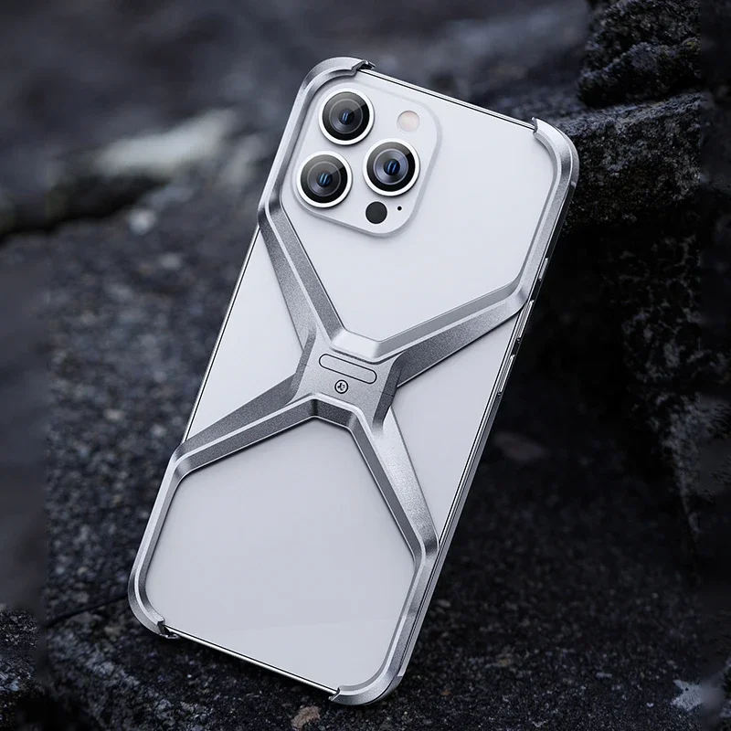 

For iPhone 15 14 Pro Max Titanium Aluminum Alloy Rimless Case Metal X Type Removable Heat Dissipation Armor Shockproof Cover