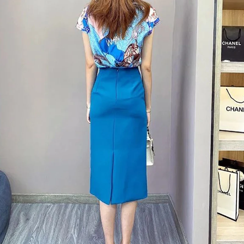 Dress women's summer 2024 niche design sense fashion contrast print shirt advanced sense bag hip skirt two-piece suit