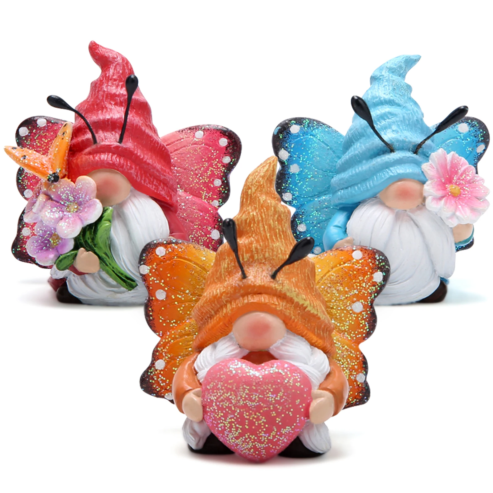 Hodao 3-Piece Cute Butterfly Gnome Figurine Set, Sparkling Resin Garden Decor with Flowers & Heart, Spring Tabletop Accent Gift