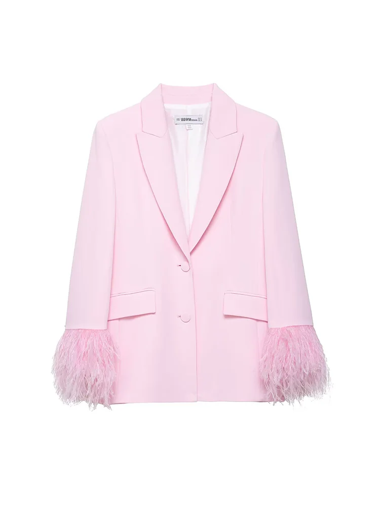 

SIYANG Women Fashion With Feather Pink Single Breasted Blazer Vintage Notched Collar Long Sleeves Female Chic Lady Outfits