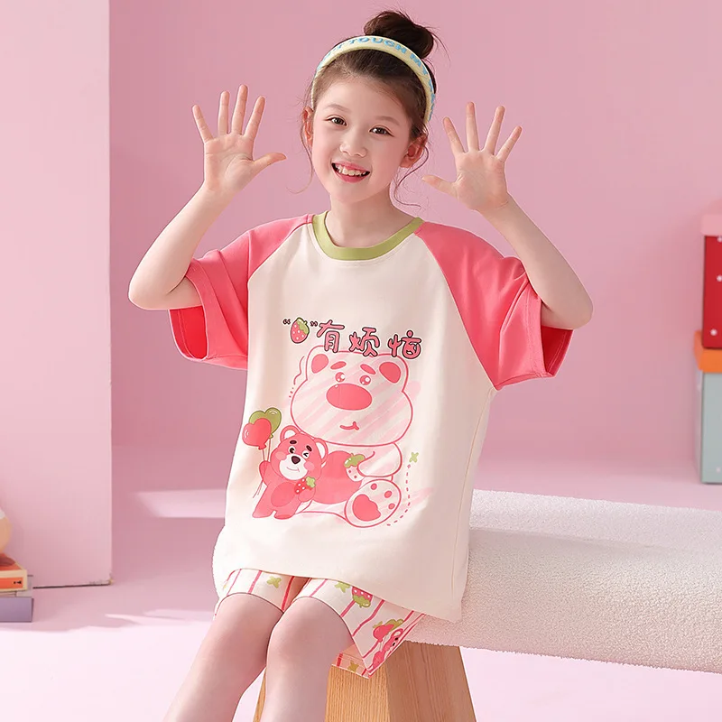 

Two Strawberry Bears Pajamas Set for Kids Kawaii Sleepwear Baby Short-sleeve Big Girls and Boys Home Thin Clothes Set Summer