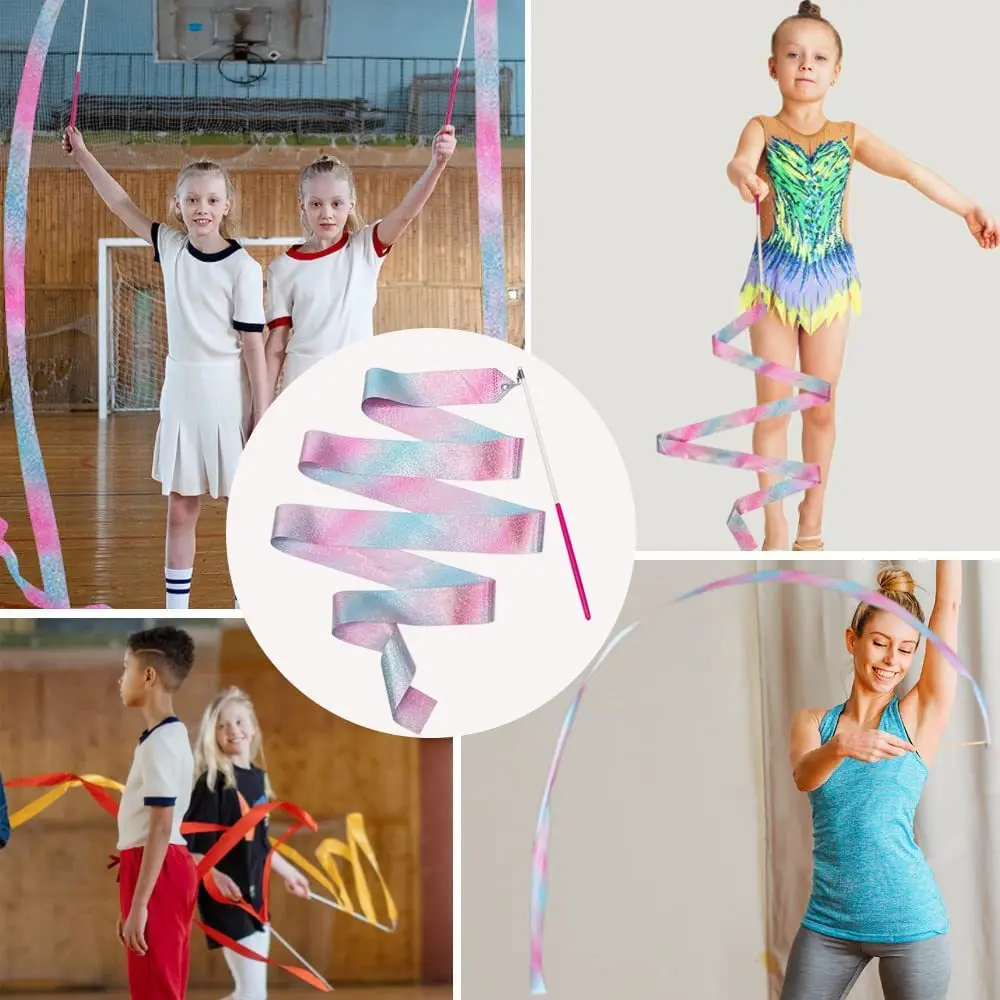 Cinta de baile de Ballet con palo giratorio para gimnasia artística, tira de rendimiento deportivo con purpurina intermitente para niños, accesorio