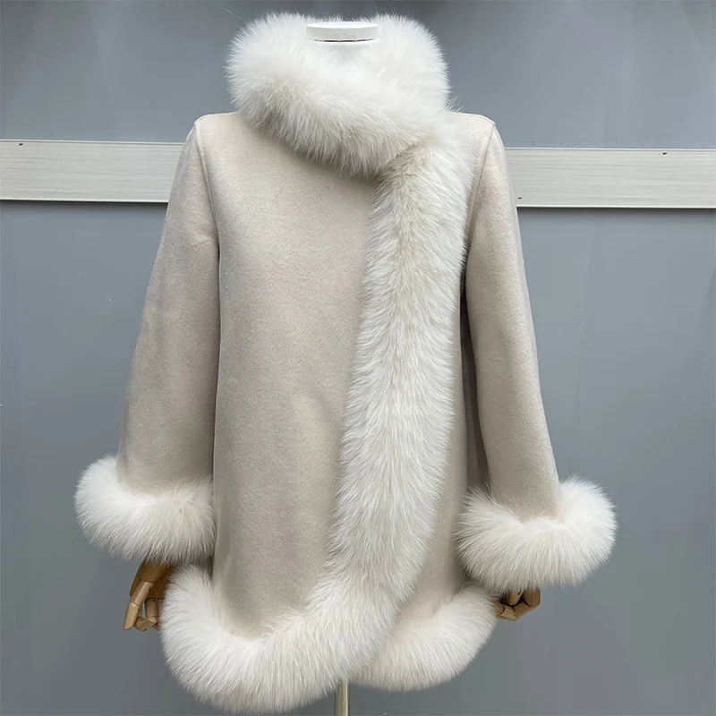 2023 Fashion Natural Winter Fur Coat Real Fox Fur Collar Cashmere Wool Woolen Women Jacket Luxury Outwear New Ladies Female Coat