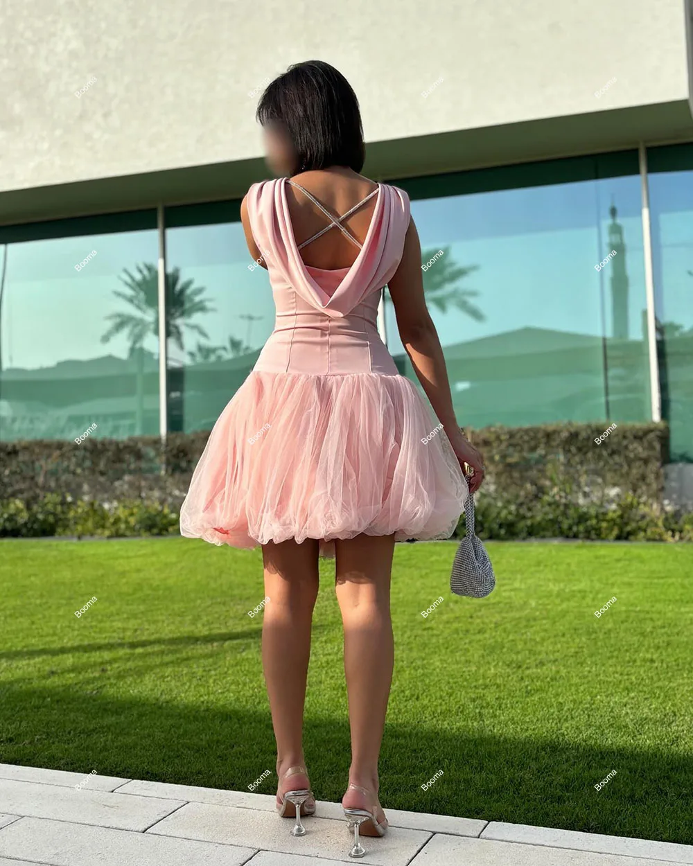 Booma Pink A-Line Prom Dresses O Neck Sleeveless Homecoming Party Gowns for Women Above Knee Special Occasion Gowns Outfits