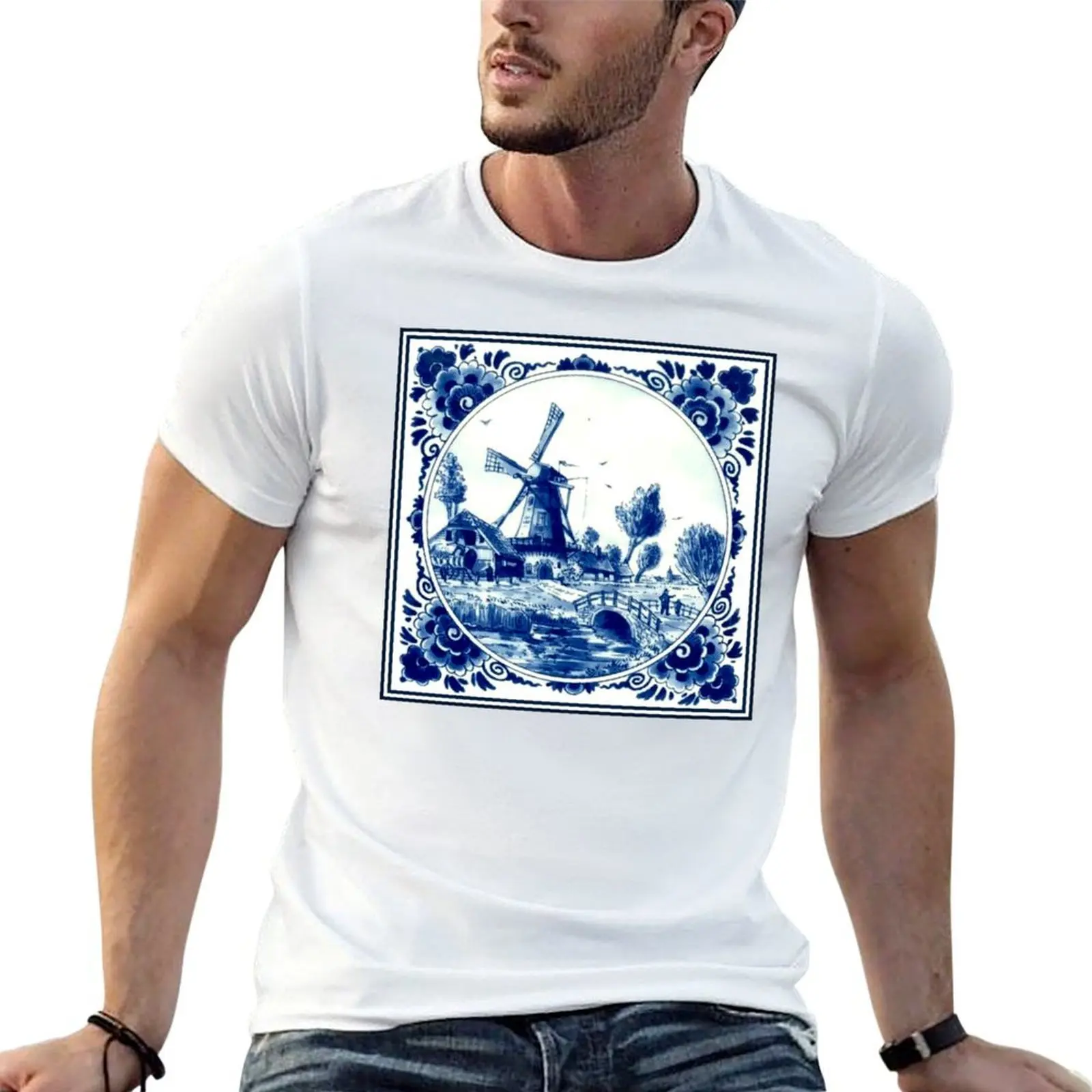 DUTCH BLUE DELFT: Винтажная футболка с принтом в виде ветряной мельницы и моста, рабочая футболка с коротким рукавом для активного отдыха