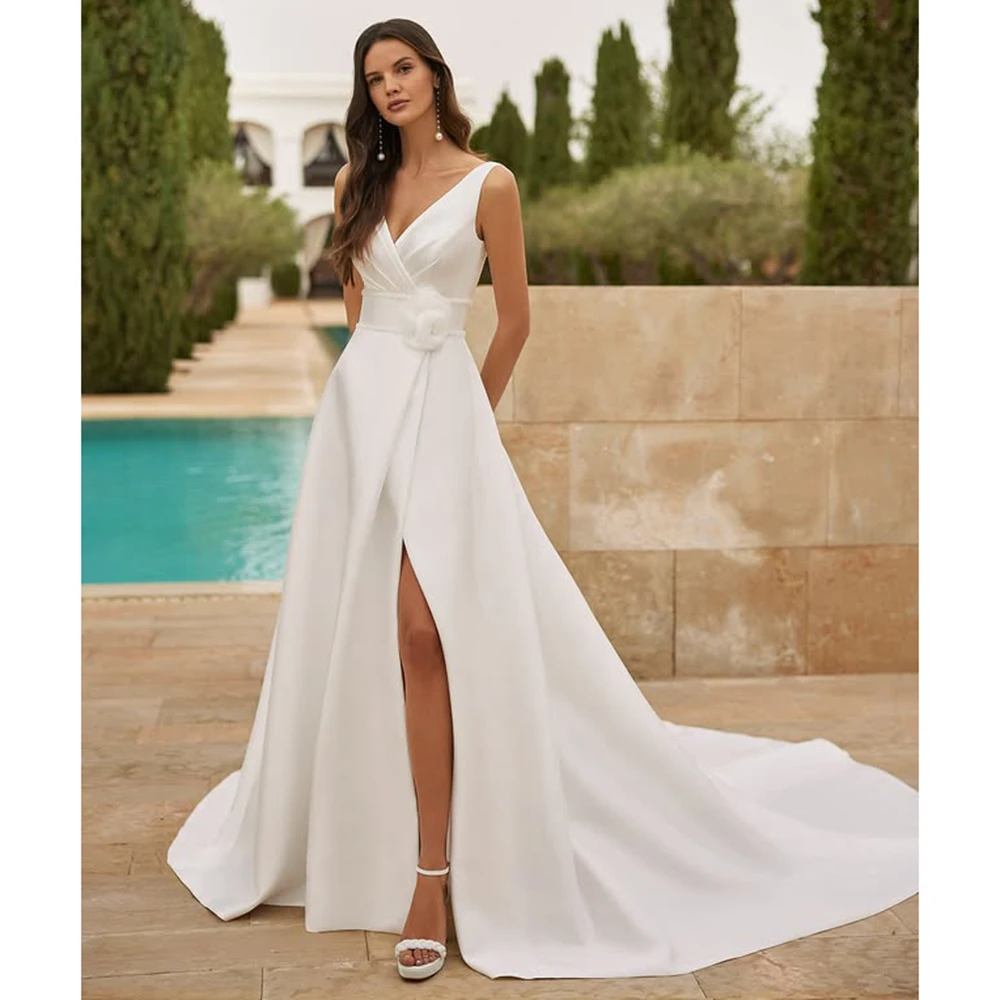

Princess V-neck Satin Modern Side Slit Wedding Dress Backless Floor Length A-line Flowers Bridal Dress with Train Custom Made