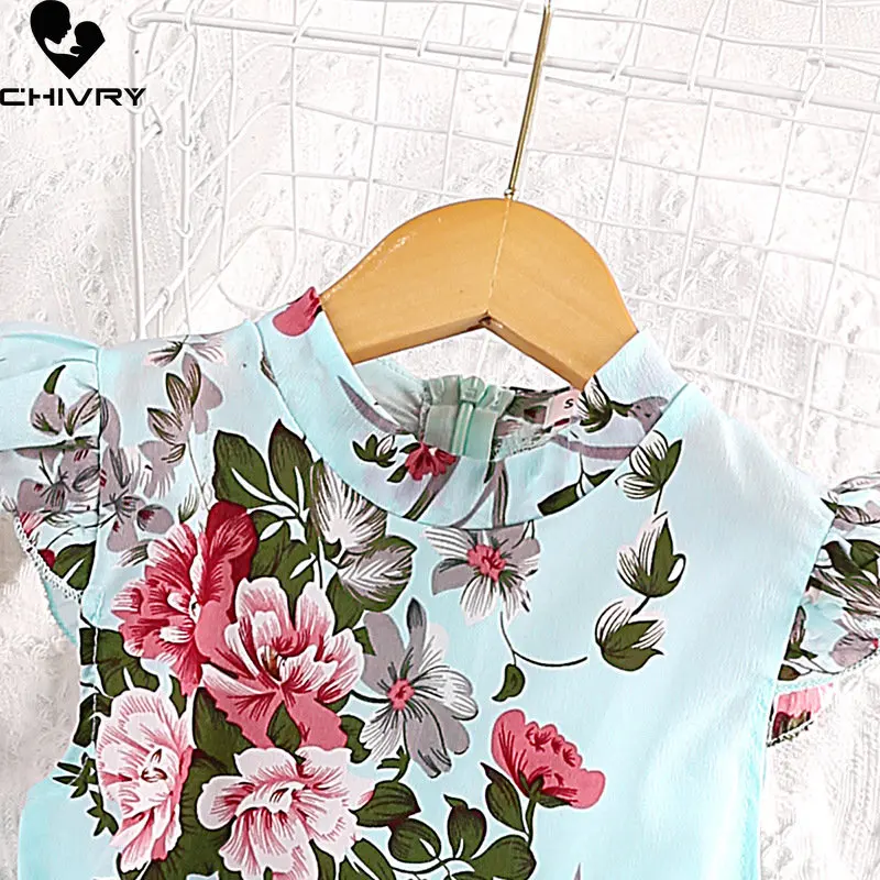 فستان صيفي للشاطئ موضة جديدة 2023 للبنات أكمام على شكل زهور مطبوعة برقبة مستديرة على شكل حرف a فساتين أميرة للأطفال Vestidos