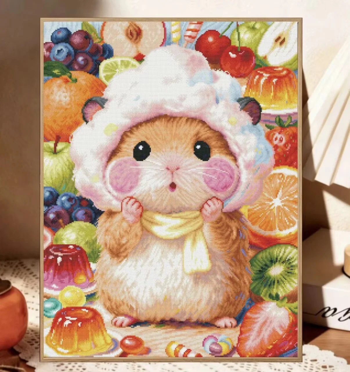Diamantmalerei Niedlicher Hamster mit Früchten, Geleebonbons, Mosaik, Handgemachtes Kunstwerk, Vollrunde/quadratische Diamanten, Geschenk, Heimdekoration