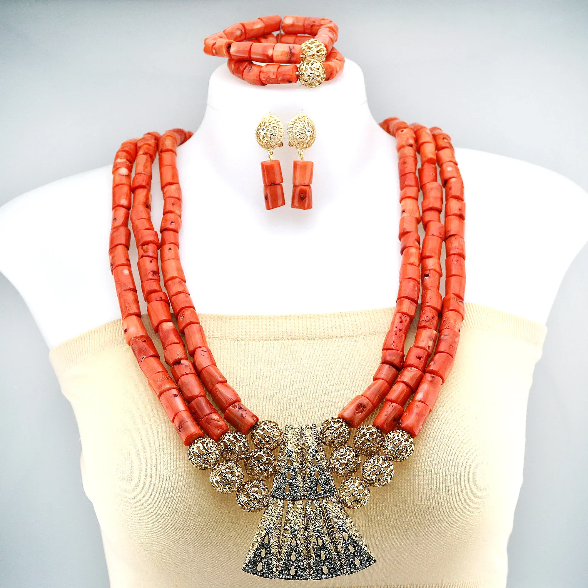 

Orange Original Coral Necklace Nigerian Wedding Bridal African Beads Jewelry Set