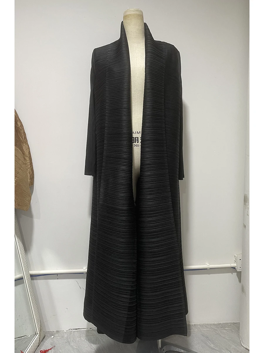 Miyake Pleated Turndown Collar Long Sleeve Cardigan Dress Long Coats Women 2024 New Abaya Fashion Solid Loose Large Size Clothes