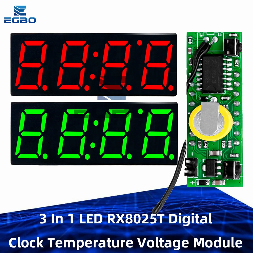 3-in-1 LED RX8025T Digital Clock Module with Temperature and Voltage Display DC5-30V Suitable for Arduino DIY Projects