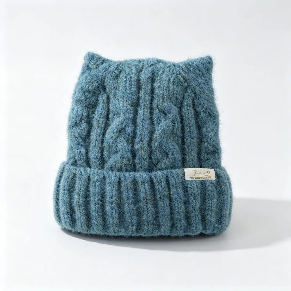 Thick Warm Cat Ear Beanie Hat Cuffed Style 56-58cm Circumference Acrylic Knitted Hat Face Slimming Design Fall Winter Skull Cap