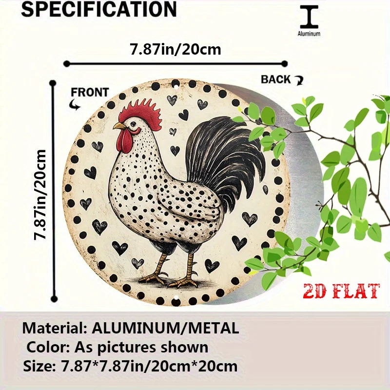 2D Flat 1pc Classic Tin Wall Art - Rooster with Black Hearts Illustration, Frameless Aluminum Decor for Living Room, Indoor/Outd