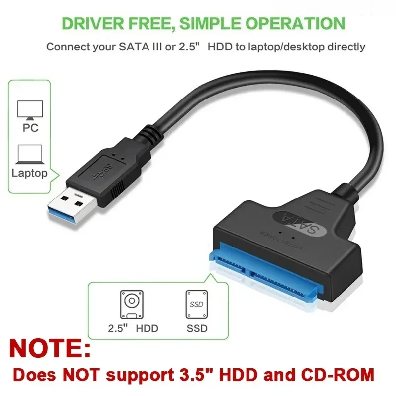 Cabo Adaptador USB 3.0 para SATA de 2,5 Polegadas, Conversor de Disco Rígido Externo HDD SSD, Conector SATA de 22 Pinos para Transferência e Armazenamento de Dados