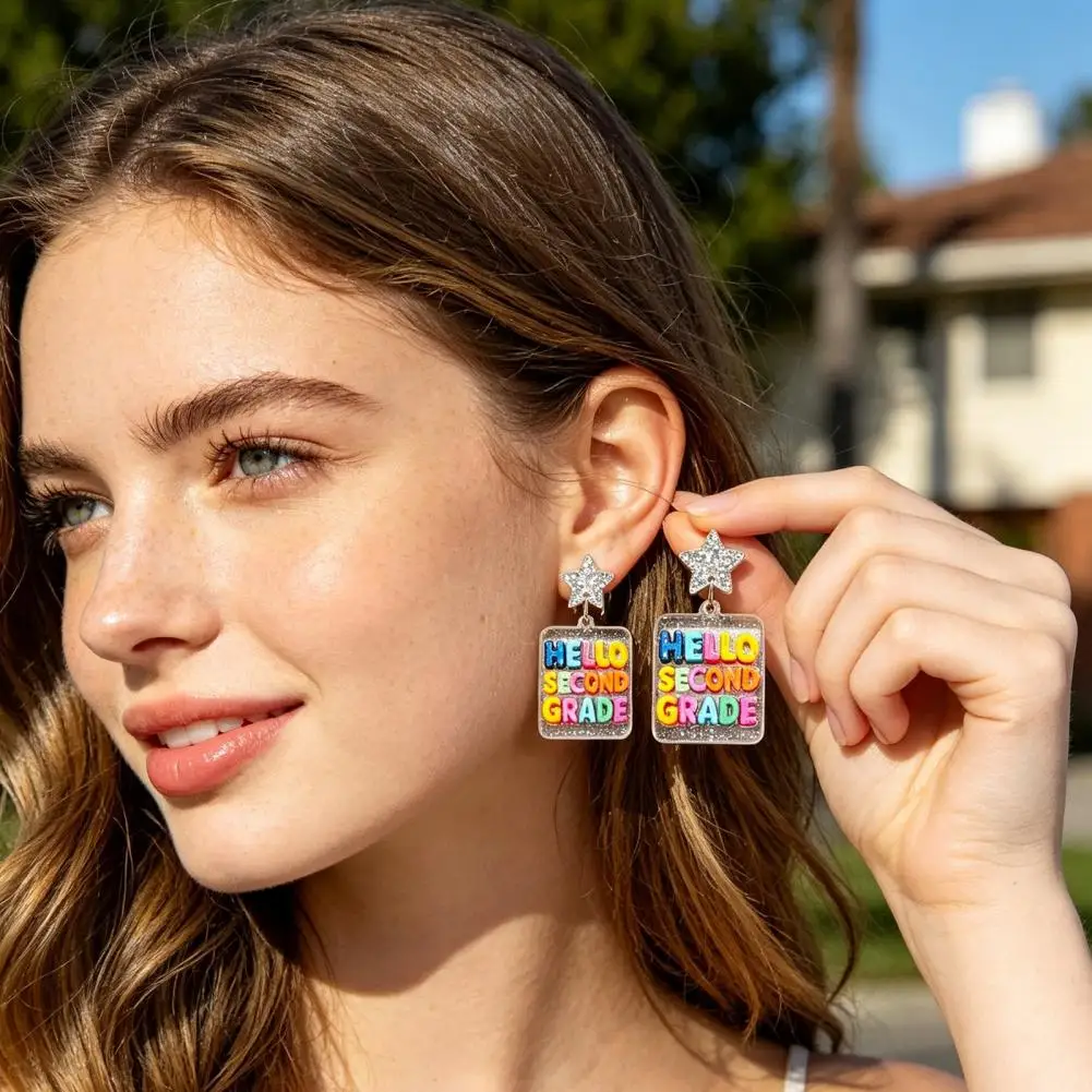 Pendientes Colgantes de Moda Color Macaron para Maestras, Pendientes de Acrílico Coloridos con Letras, Regreso a Clases, para Primera Comunión