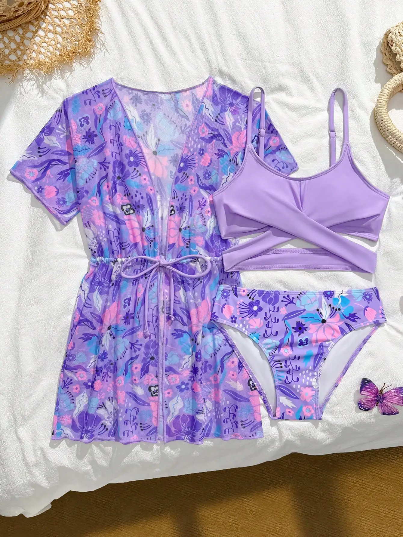 

Purple Floral 3 Piece Swimsuit Set With Cover Up Women Beach Bathing Suit
