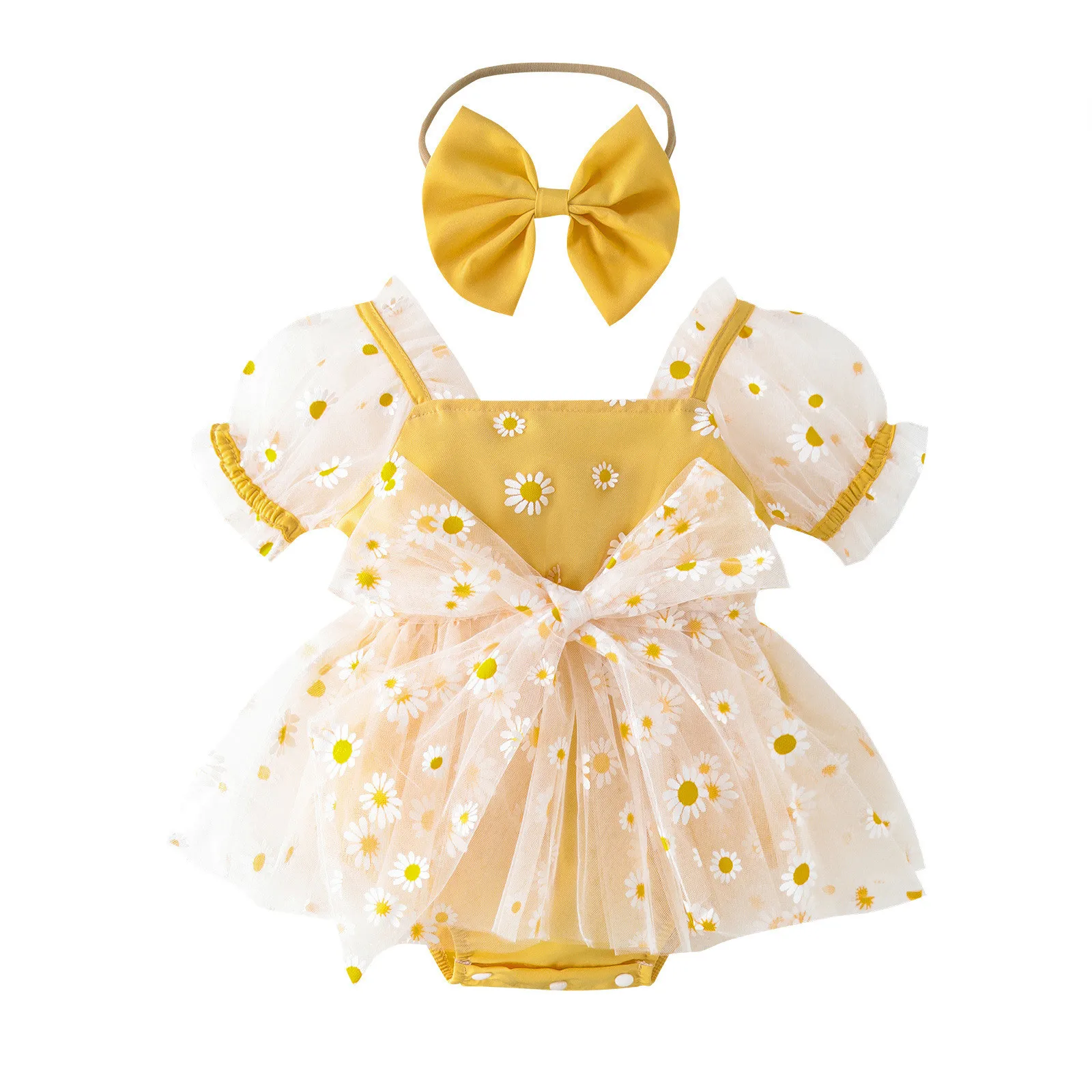 6 9 18M Newborn Infant Baby Girls Romper Short Puff Sleeve Daisy Print Tulle Jumpsuit +Headband Princess Outfits Toddler Clothes