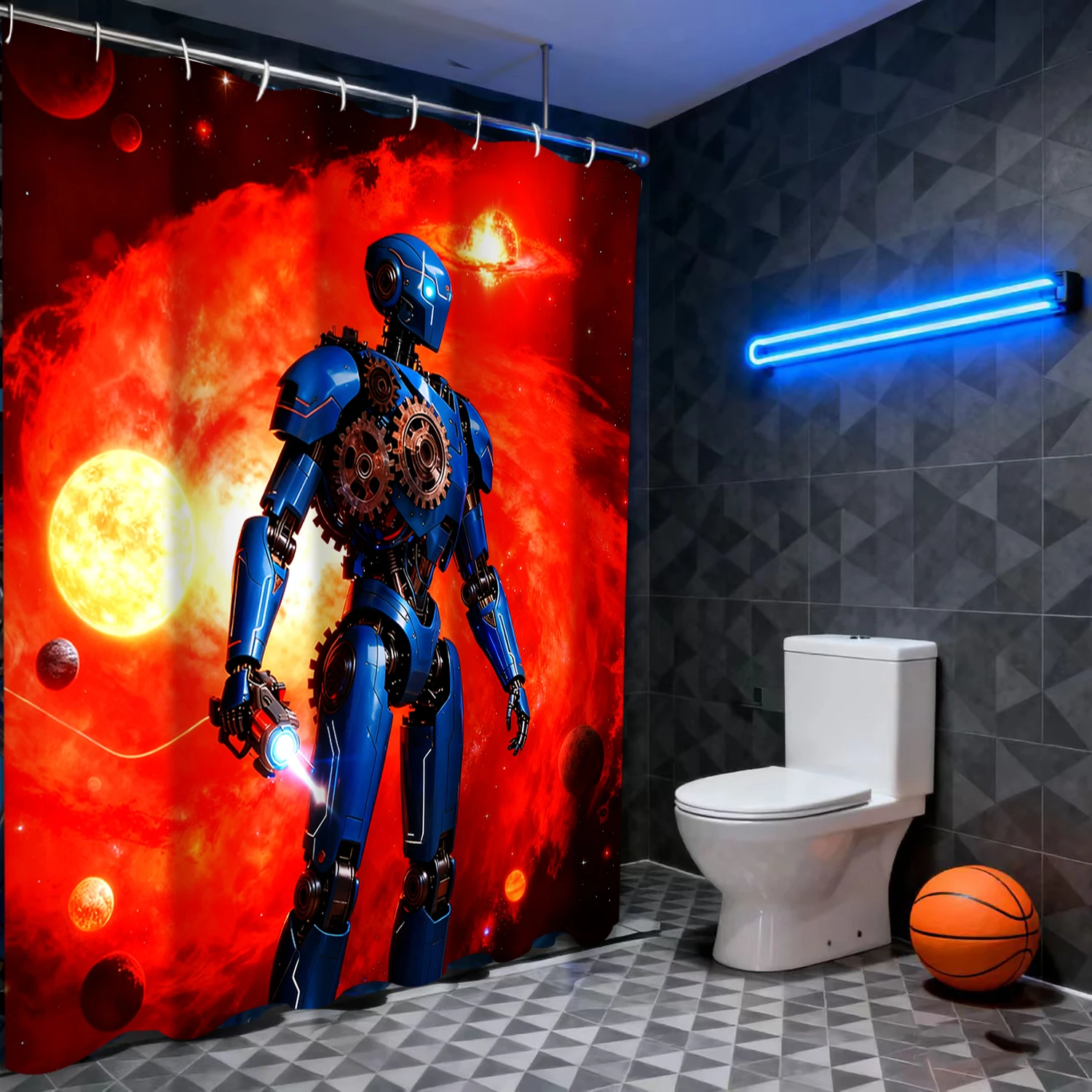 Rideau de bain motif Robot ciel, rideau de douche imperméable avec 12 crochets, décoration de maison pour poissons, livraison gratuite