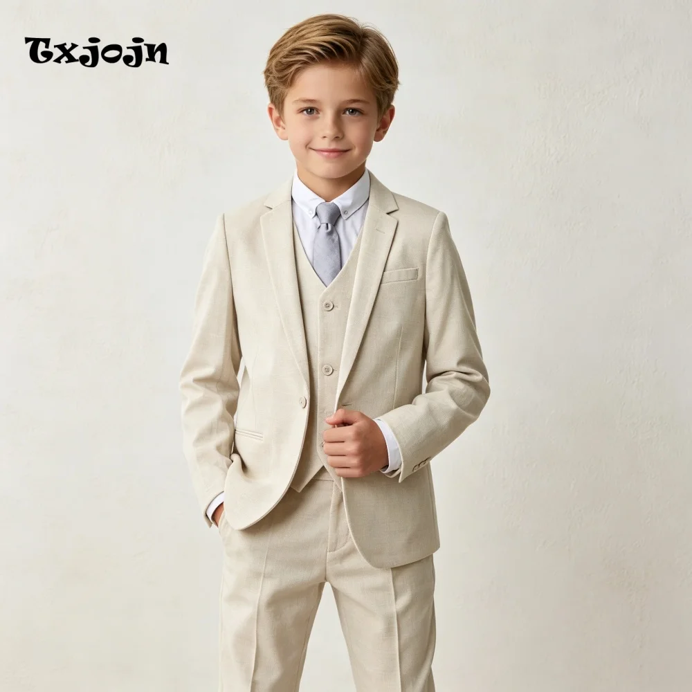 Classic Boys Suit Beige Jacket Pants Vest 3 Piece Set Formal Blazer for Kids Wedding Tuxedo Suits 2-16 Years Custom Clothes