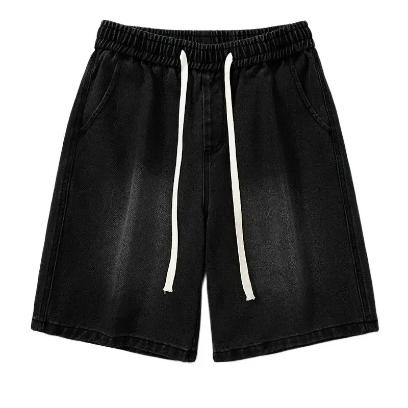 Pantalones cortos de mezclilla de pierna ancha para hombre, Pantalones rectos de sección delgada informales sueltos, transpirables, ropa de moda con arrugas, verano, nuevo