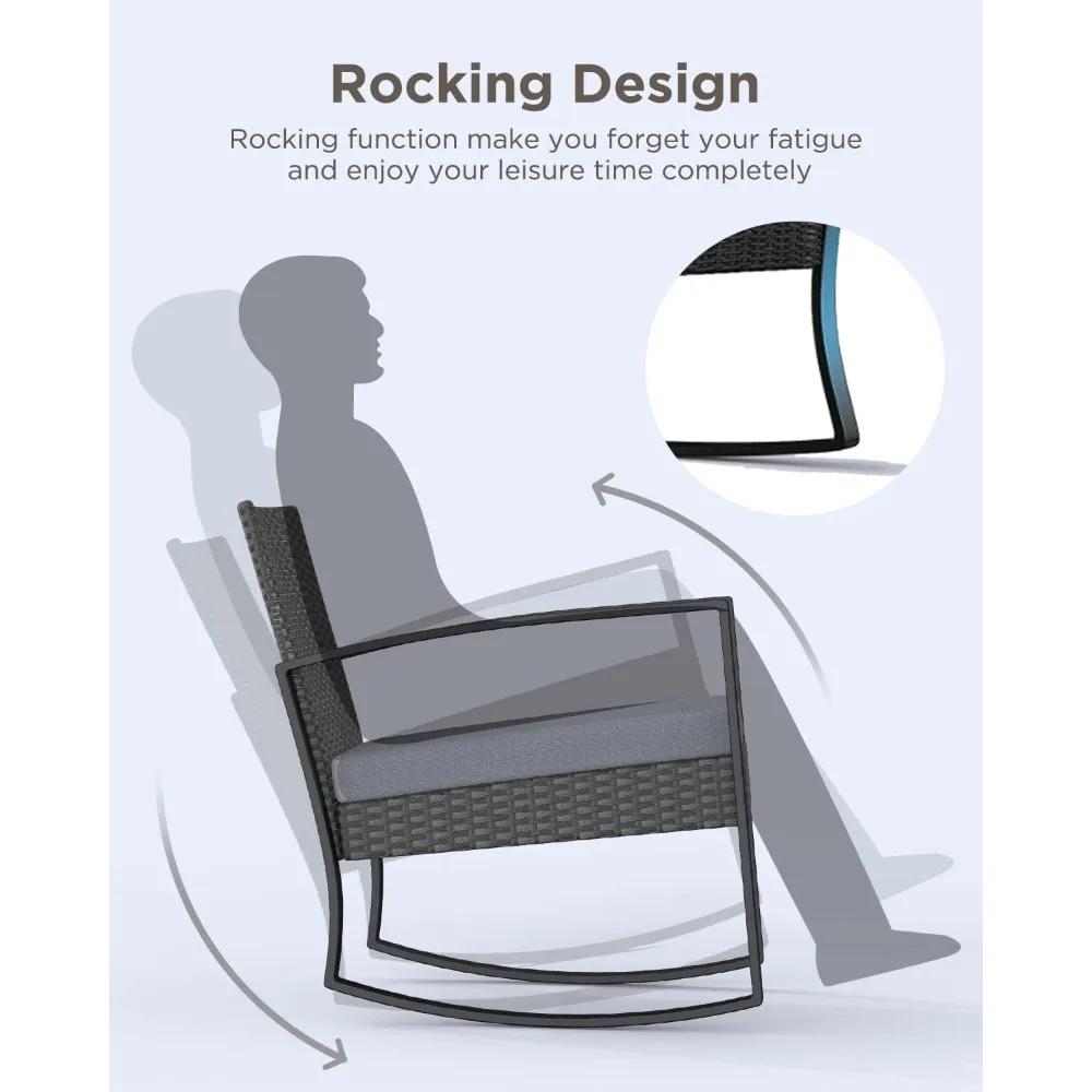 3 Pieces Patio Furniture Set Rocking Bistro Set Outdoor Rattan Conversation with Coffee Table for Garden Balcony