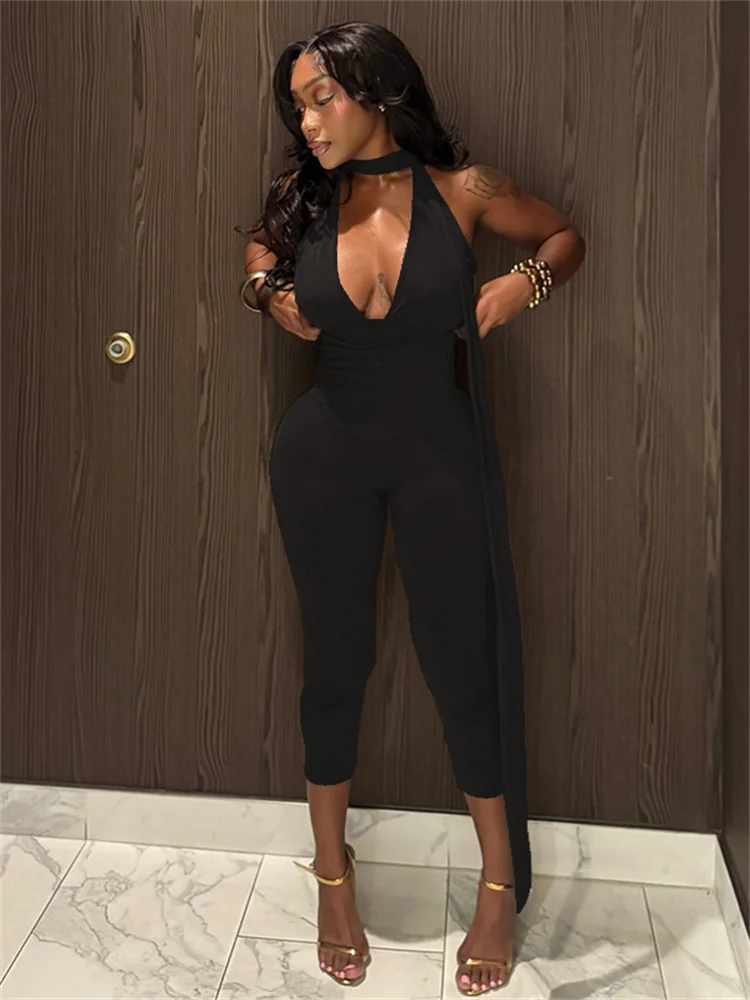 

Женский комбинезон Nibber с глубоким V-образным вырезом, завязками на шее, открытой спиной, облегающий, эластичный, сексуальный, летний, для вечеринок и клубов