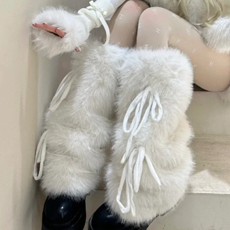 

JK Boot Cuffs для девочек, гетры для женщин, зимние теплые утолщенные Harajuku, милая лента, бант, пушистый плюшевый белый чехол для ботинок, длинные носки