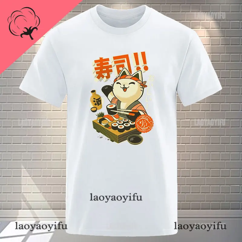 Kawaii Japan Sushi Chef Cat Cartoons Men T shirt Summer Loose Clothes Street Cotton T Shirts Fashion T-Shirts Casual WomenTshirt