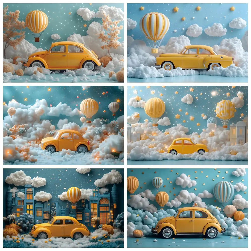 

Baby 1st Birthday Portrait Photography Backdrop Decor Hot Air Balloons Car Newborn Baby Shower Photocall Background Photo Studio