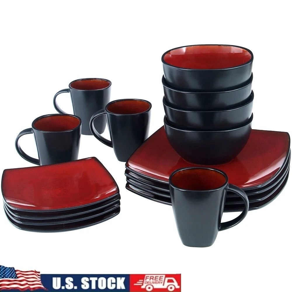 

16 Piece Dinnerware Set Square Plates Bowls Mugs Microwave Dishwasher Safe Unique Reactive Glaze Tuscan Red Ceramic Service Four